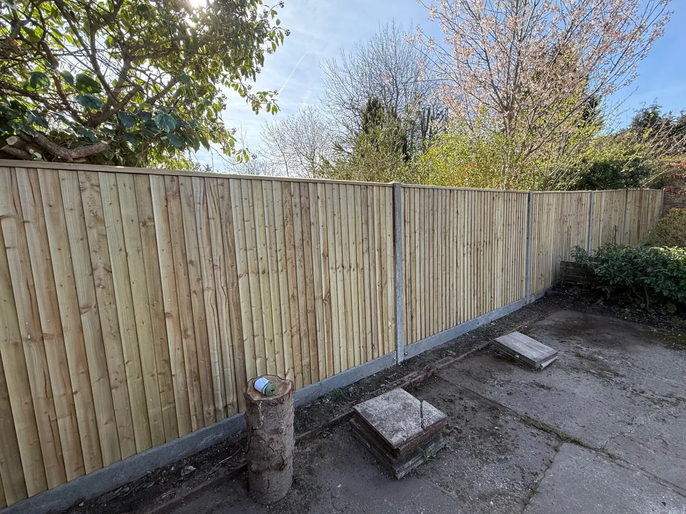Closeboard fence with concrete posts and gravel boards in a Surrey garden
