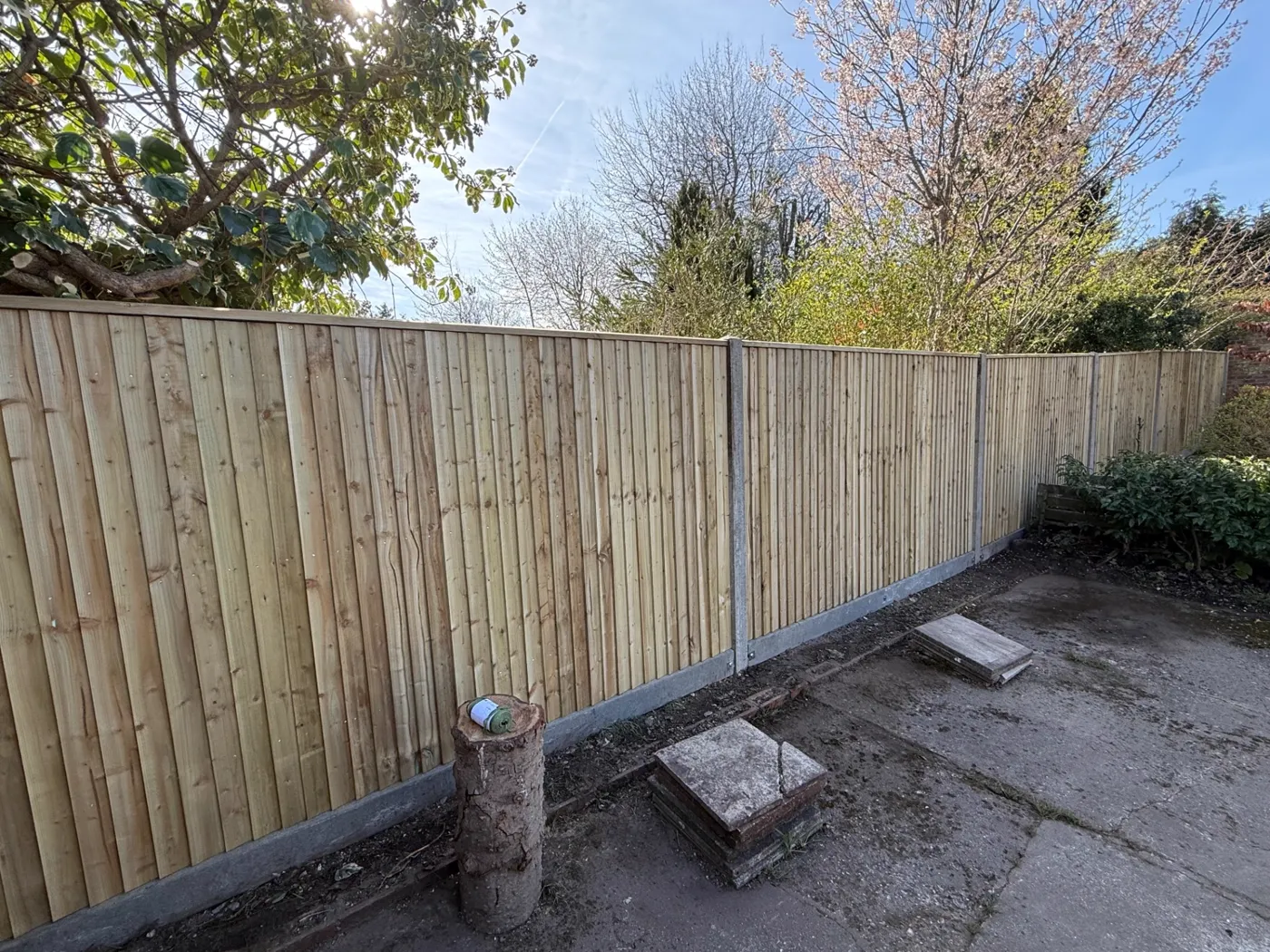Feather edge closeboard fence with concrete posts along a Surrey boundary