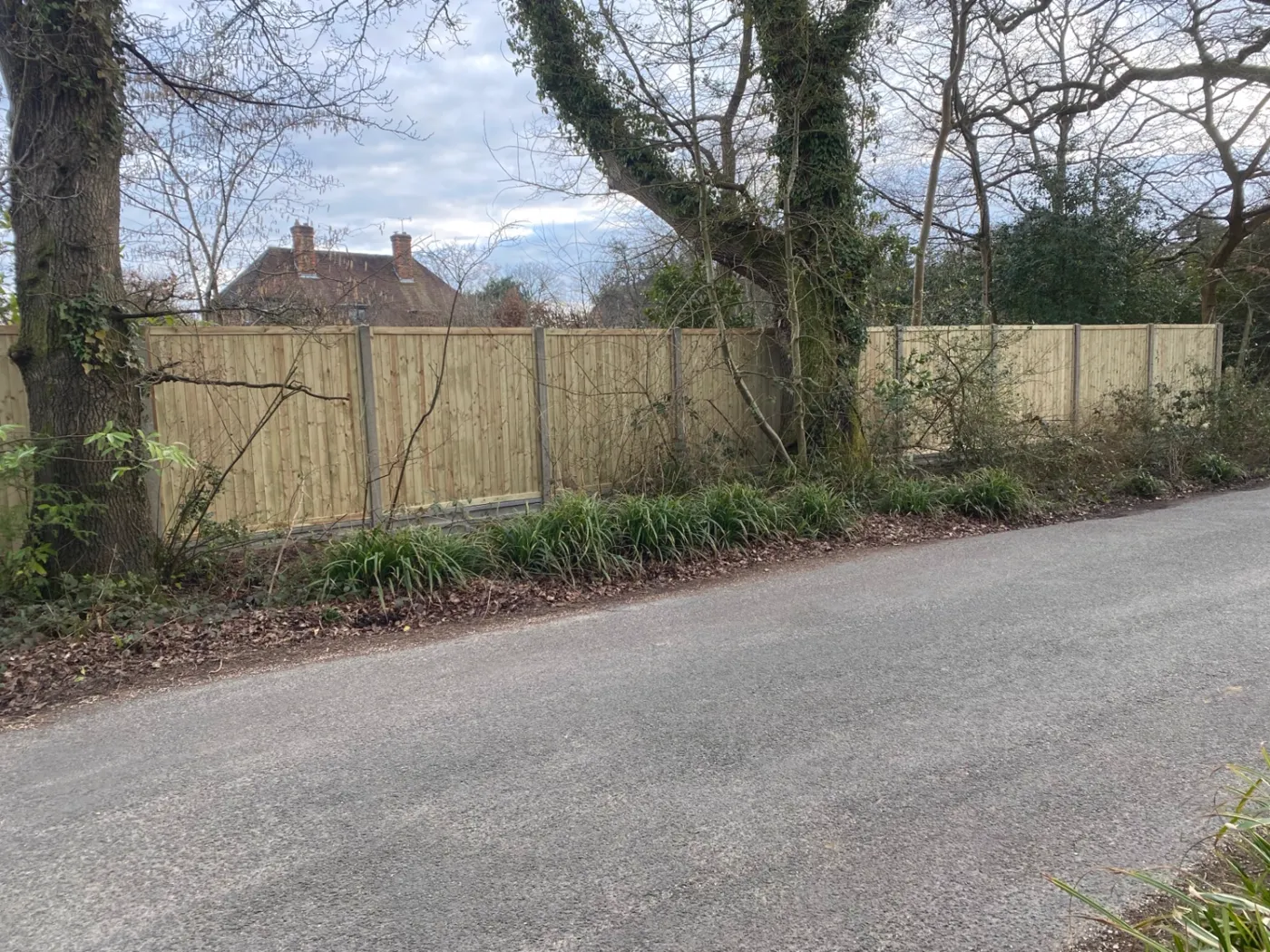 Feather edge fence panels installed beside a village lane in Surrey